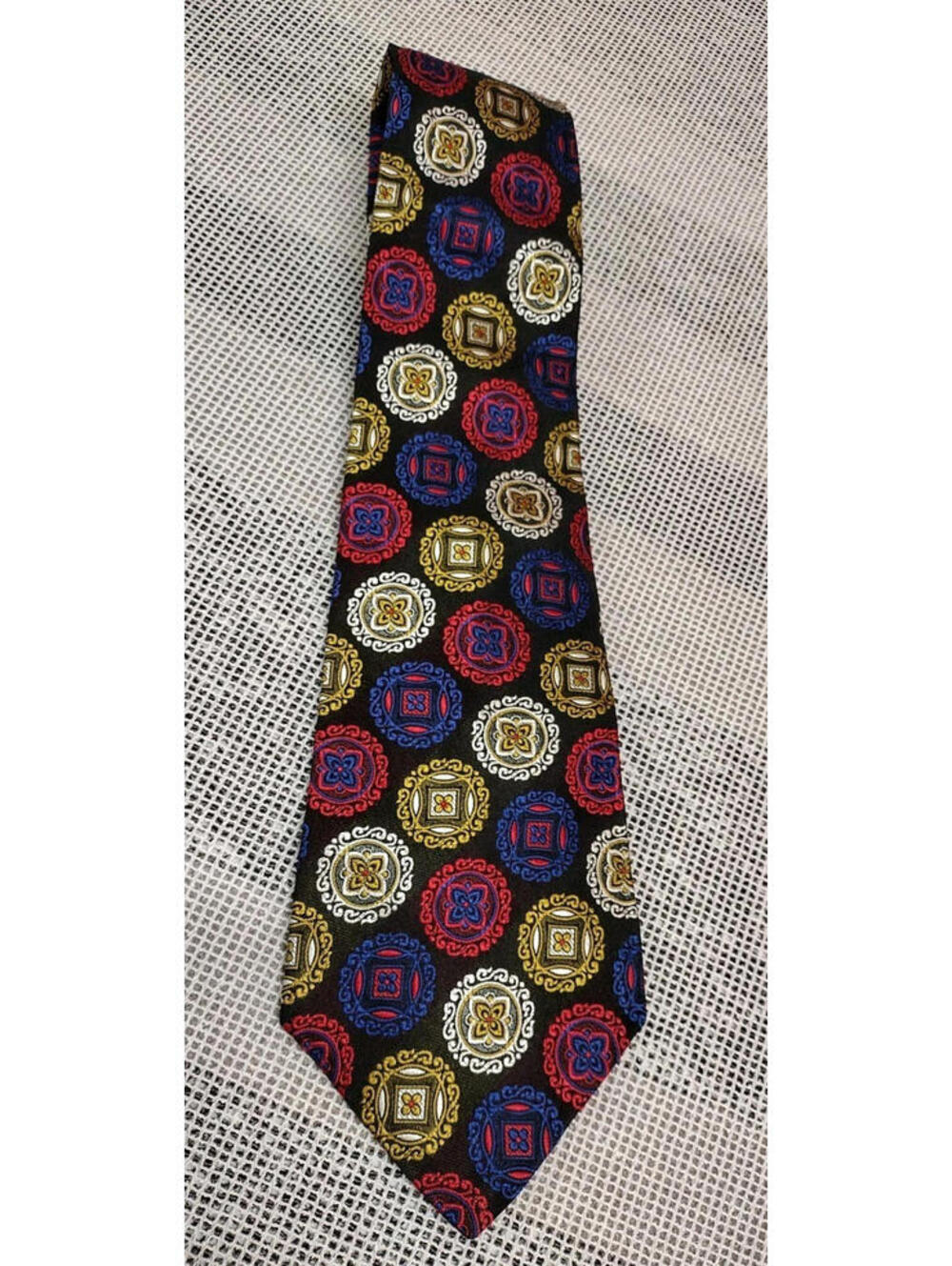 Vintage 1970s WIDE TIE Asian Coins Red Gold Blue 100% Chinese Silk GOLDEN GAP